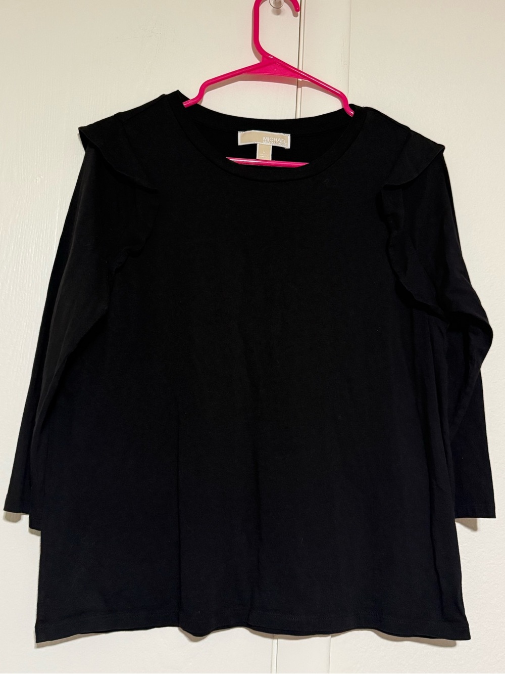 Michael Kors Black Long Sleeve Ruffle Shoulder Tee - Large